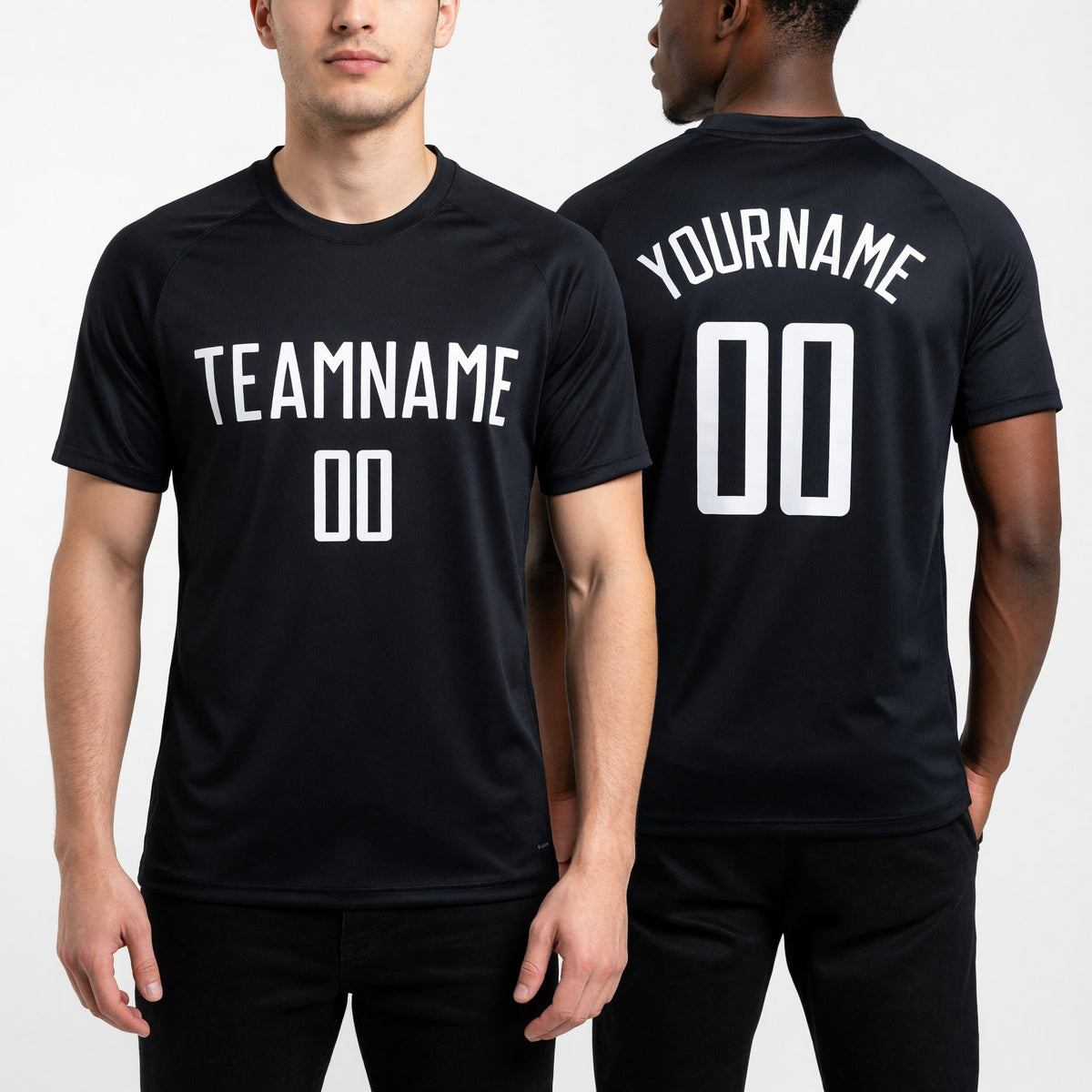Custom Black White Sublimation Soccer Uniform Jersey worn front and back
