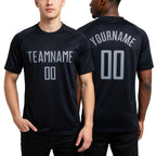 Custom Black Gray Sublimation Soccer Uniform Jersey worn front and back
