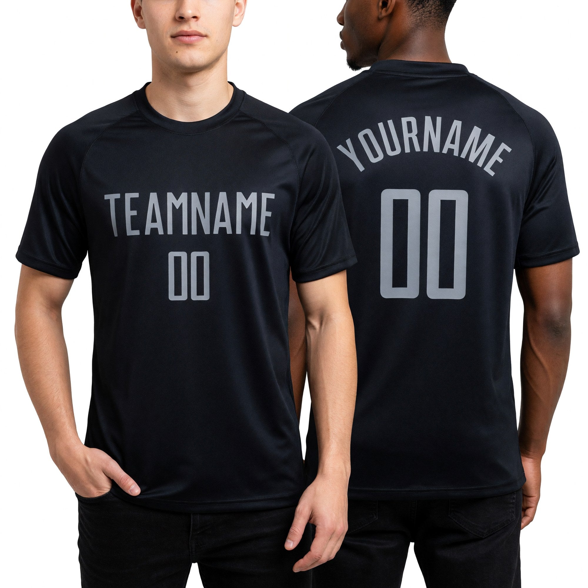 Custom Black Gray Sublimation Soccer Uniform Jersey worn front and back