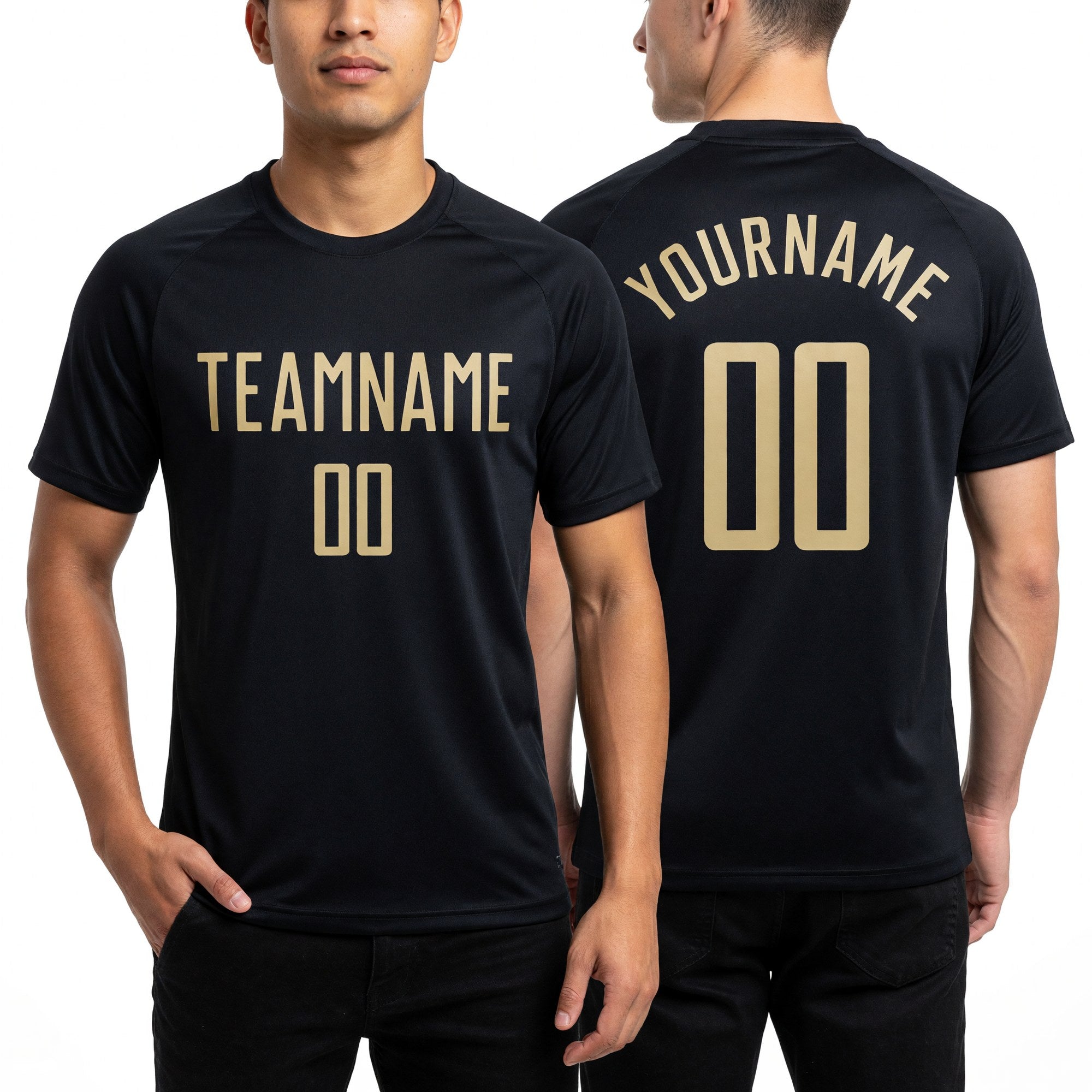Custom Black Cream Sublimation Soccer Uniform Jersey worn front and back