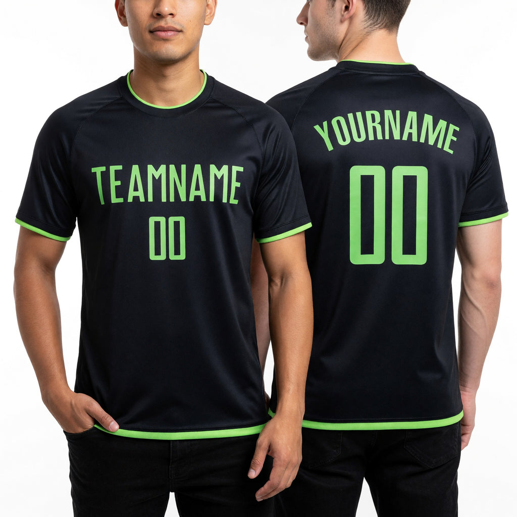 Custom Black Pea Green Sublimation Soccer Uniform Jersey worn front and back