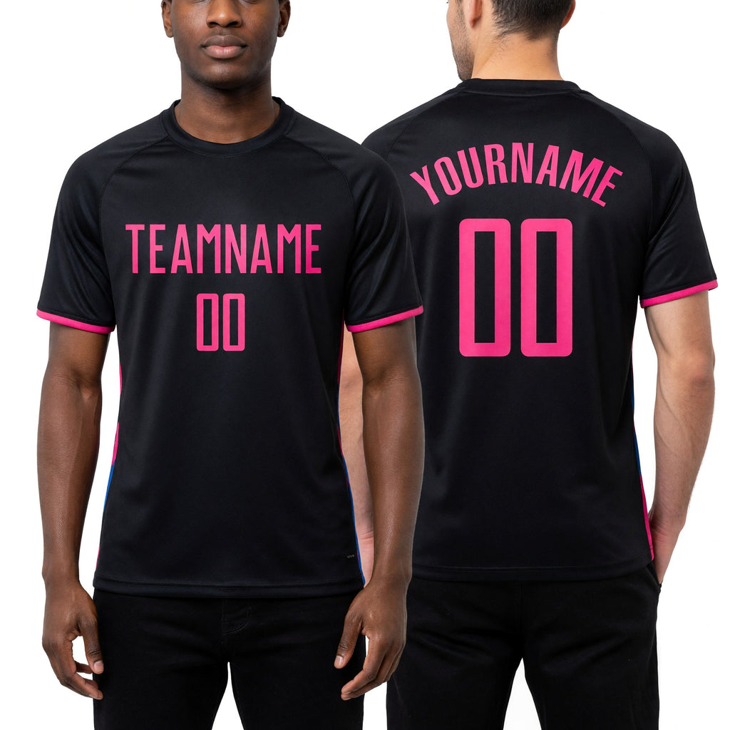 Custom Black Hot Pink Sublimation Soccer Uniform Jersey worn front and back