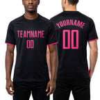 Custom Black Hot Pink Sublimation Soccer Uniform Jersey worn front and back