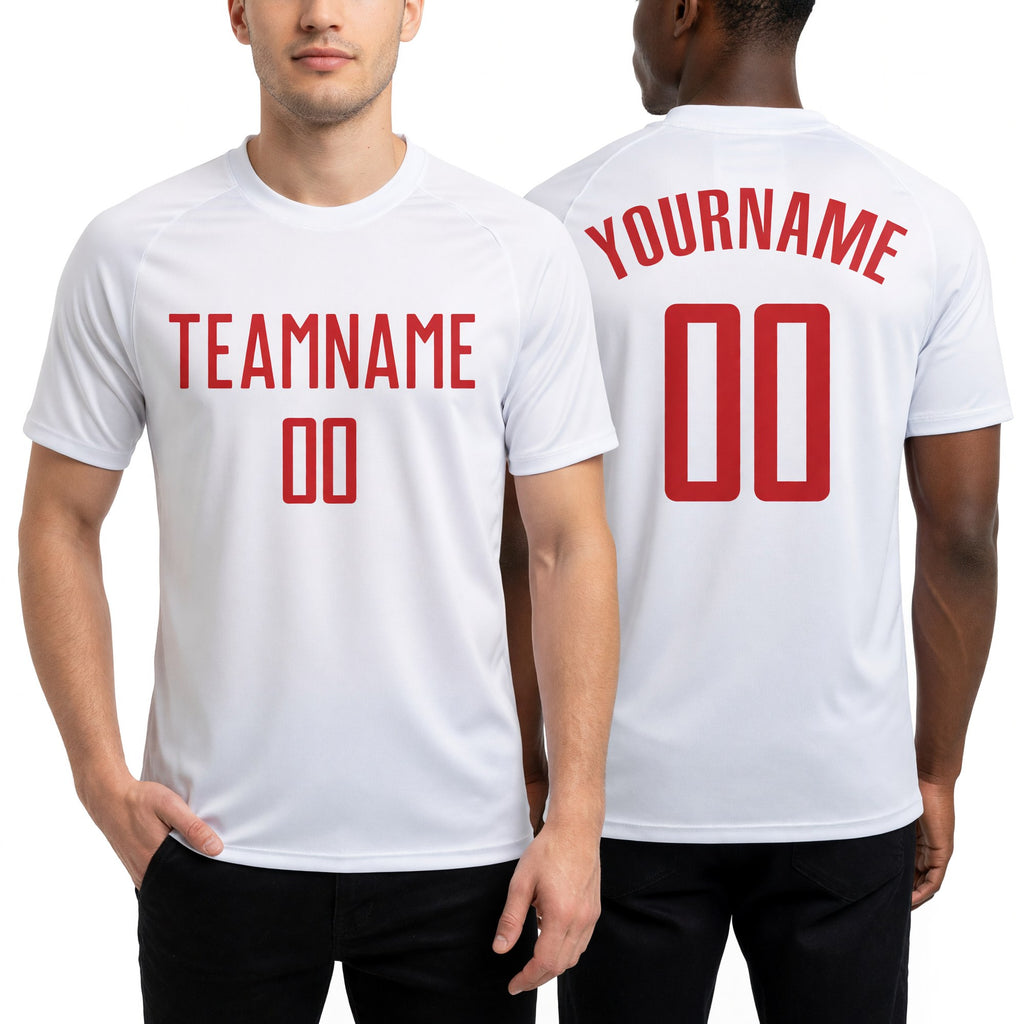 Custom White Red Sublimation Soccer Uniform Jersey worn front and back