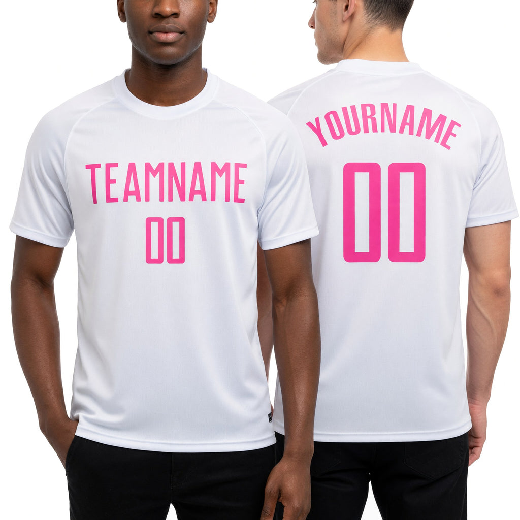 Custom White Pink Sublimation Soccer Uniform Jersey worn front and back