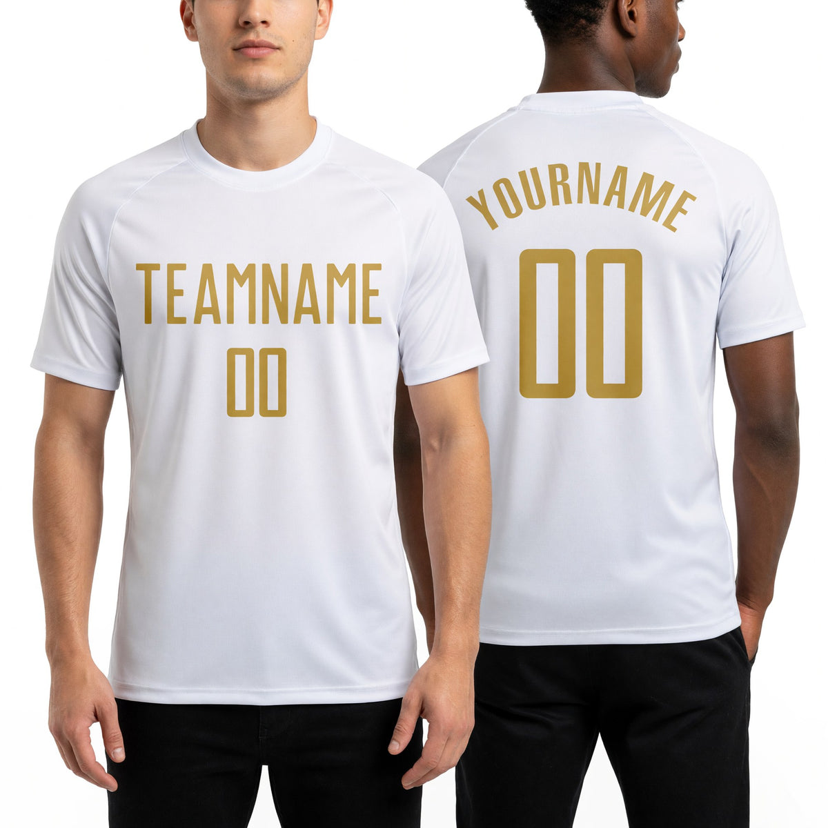 Custom White Old Gold Sublimation Soccer Uniform Jersey worn front and back