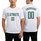 Custom White Green Sublimation Soccer Uniform Jersey worn front and back