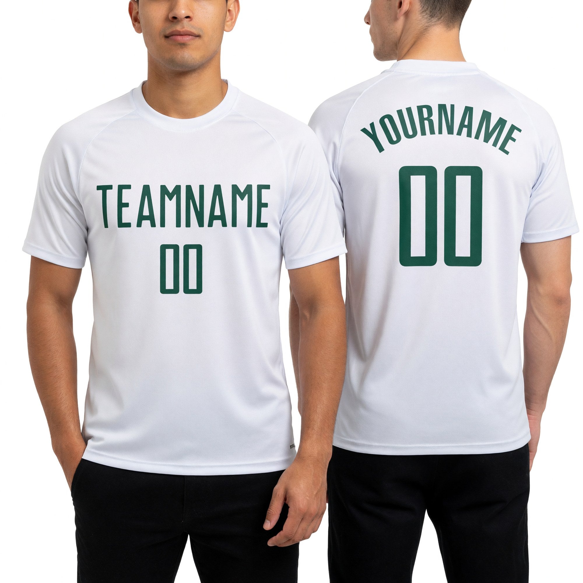 Custom White Green Sublimation Soccer Uniform Jersey worn front and back