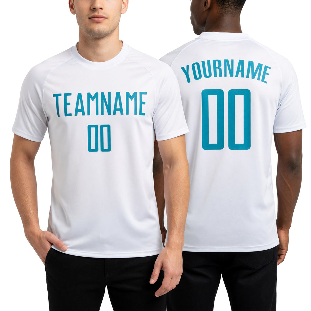 Custom White Teal Sublimation Soccer Uniform Jersey worn front and back