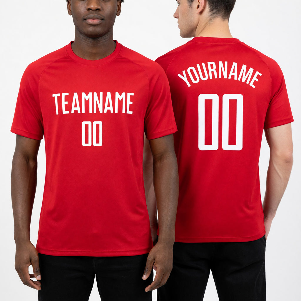 Custom Red White Sublimation Soccer Uniform Jersey worn front and back