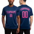 Custom Navy Pink Sublimation Soccer Uniform Jersey worn front and back