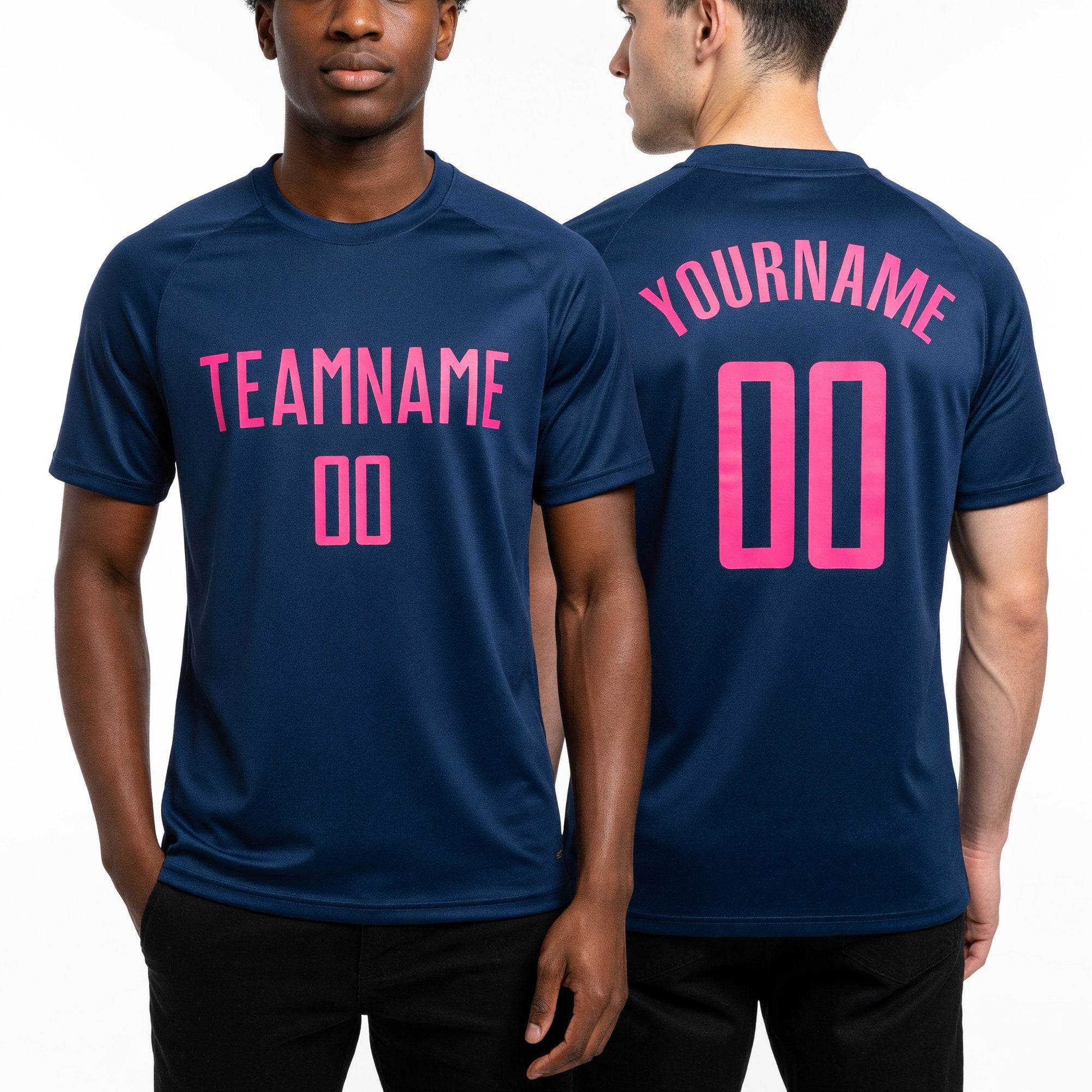 Custom Navy Pink Sublimation Soccer Uniform Jersey worn front and back
