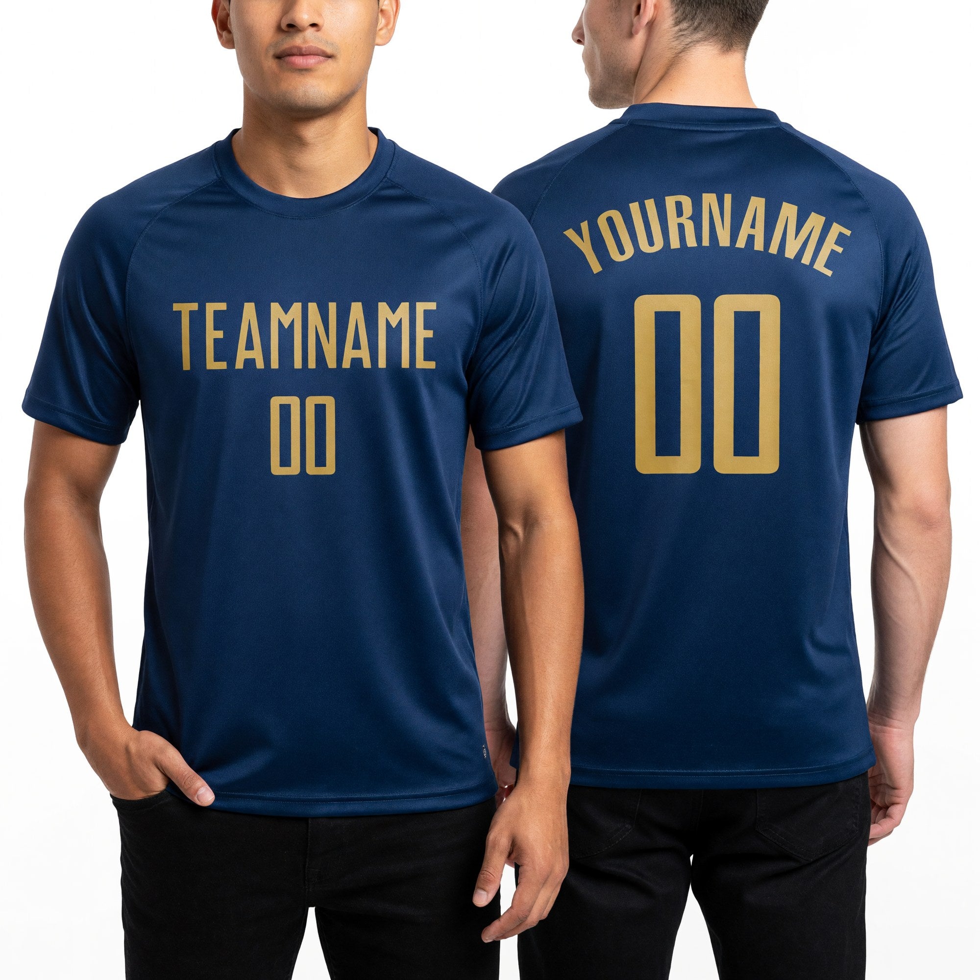 Custom Navy Old Gold Sublimation Soccer Uniform Jersey worn front and back