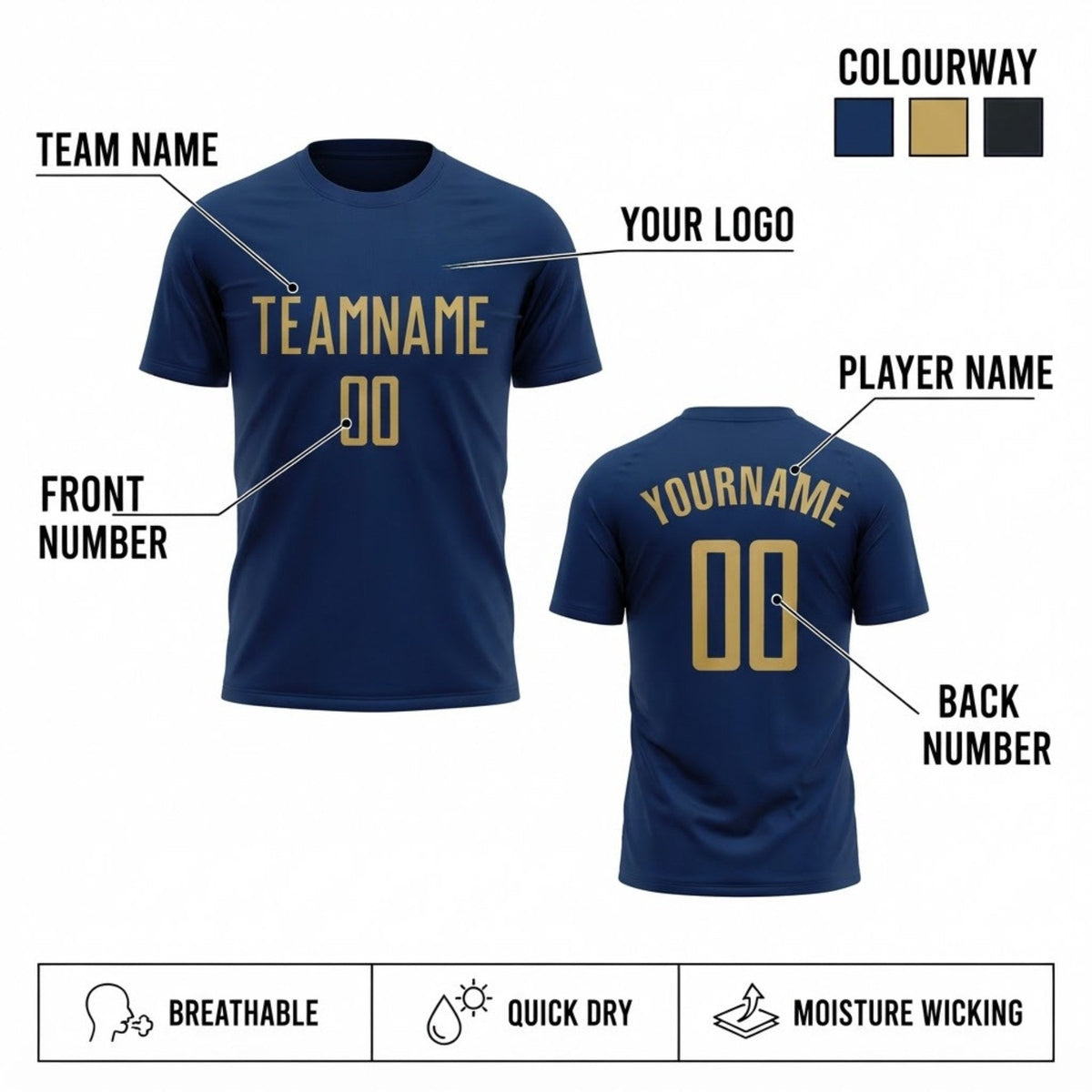 Custom Navy Sublimated Soccer Jersey with Old Gold Lettering customization guide