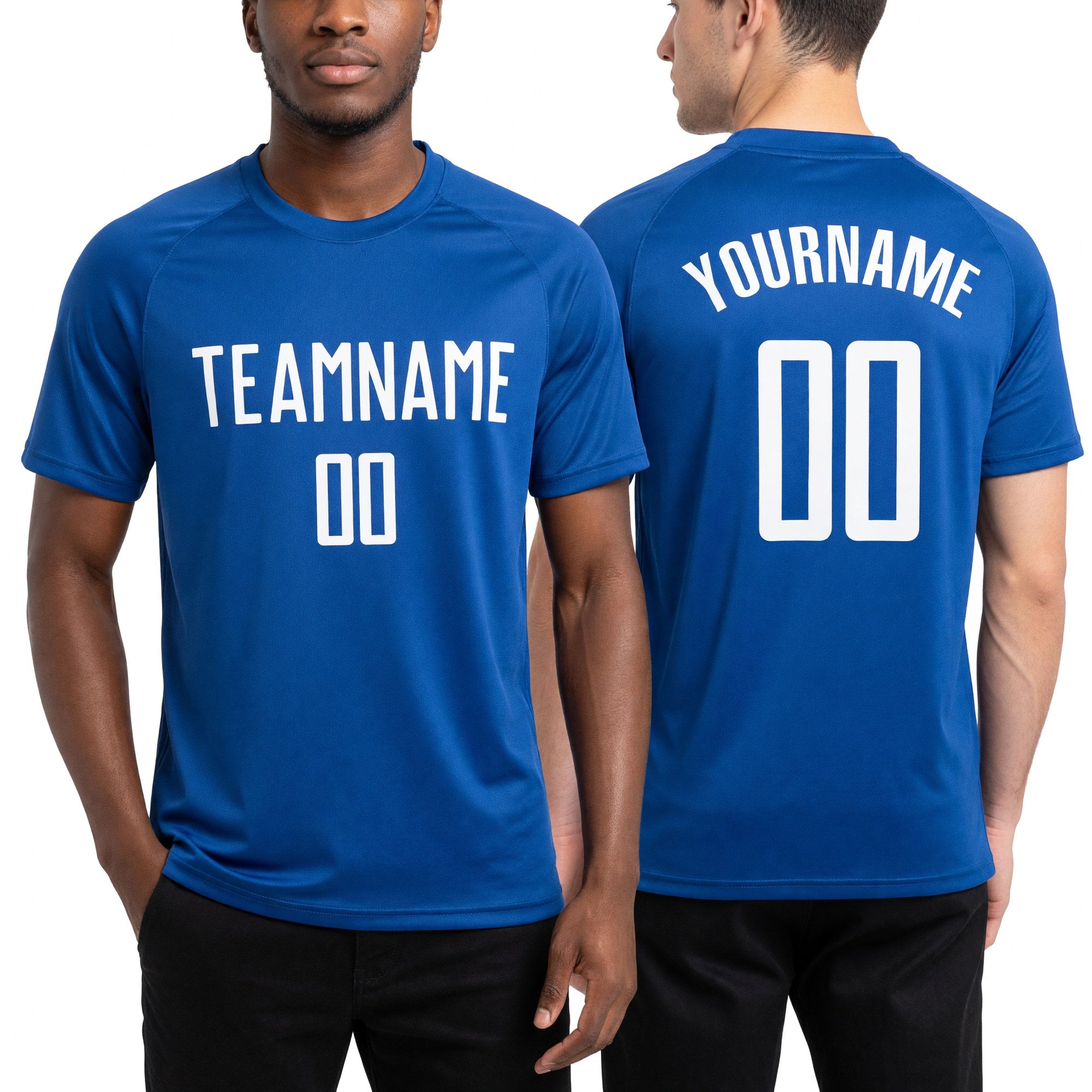 Custom Royal White Sublimation Soccer Uniform Jersey worn front and back