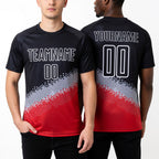 Custom Black Gray-Red Gradient Geometric Shape Sublimation Soccer Uniform Jersey worn front and back