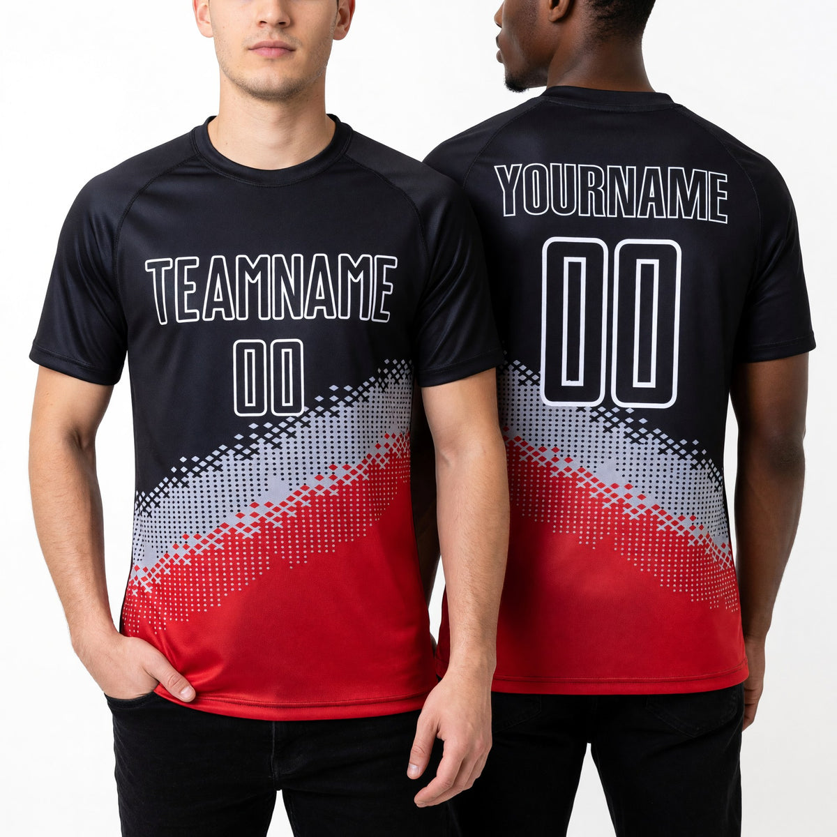 Custom Black Gray-Red Gradient Geometric Shape Sublimation Soccer Uniform Jersey worn front and back