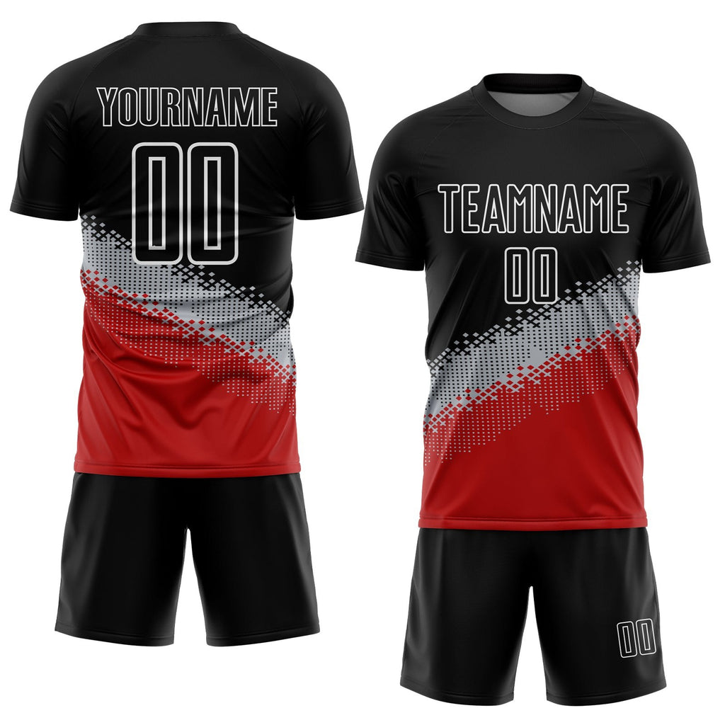 Custom Black Gray-Red Gradient Geometric Shape Sublimation Soccer Uniform Jersey photo 2