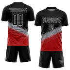Custom Black Gray-Red Gradient Geometric Shape Sublimation Soccer Uniform Jersey photo 2