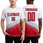 Custom White Red Gray-Black Gradient Geometric Shape Sublimation Soccer Uniform Jersey worn front and back