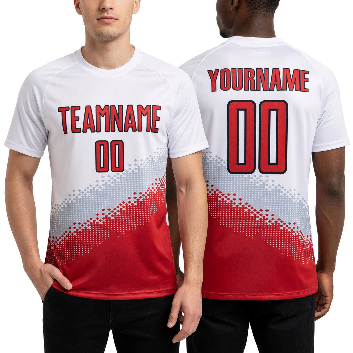 Custom White Red Gray-Black Gradient Geometric Shape Sublimation Soccer Uniform Jersey worn front and back