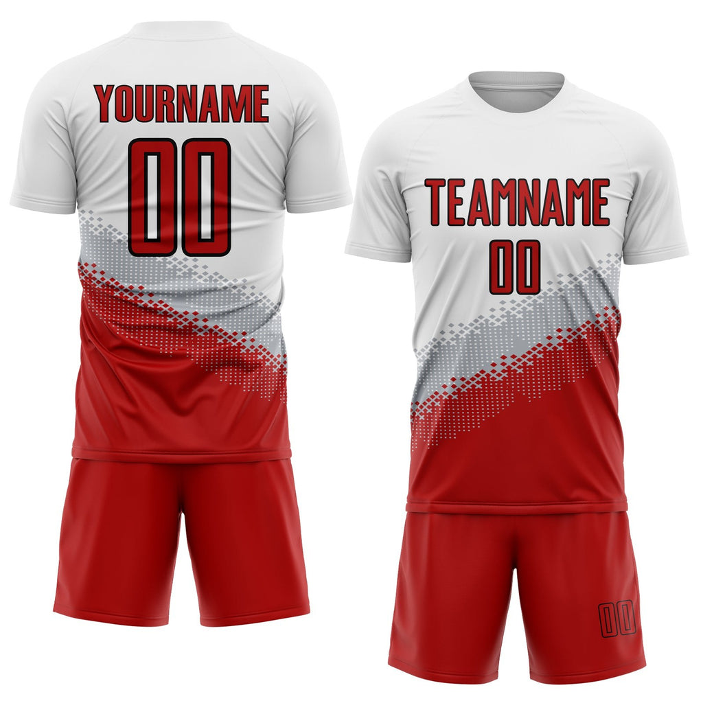 Custom White Red Gray-Black Gradient Geometric Shape Sublimation Soccer Uniform Jersey photo 2