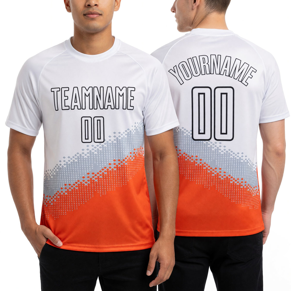 Custom White Gray Orange-Black Gradient Geometric Shape Sublimation Soccer Uniform Jersey worn front and back