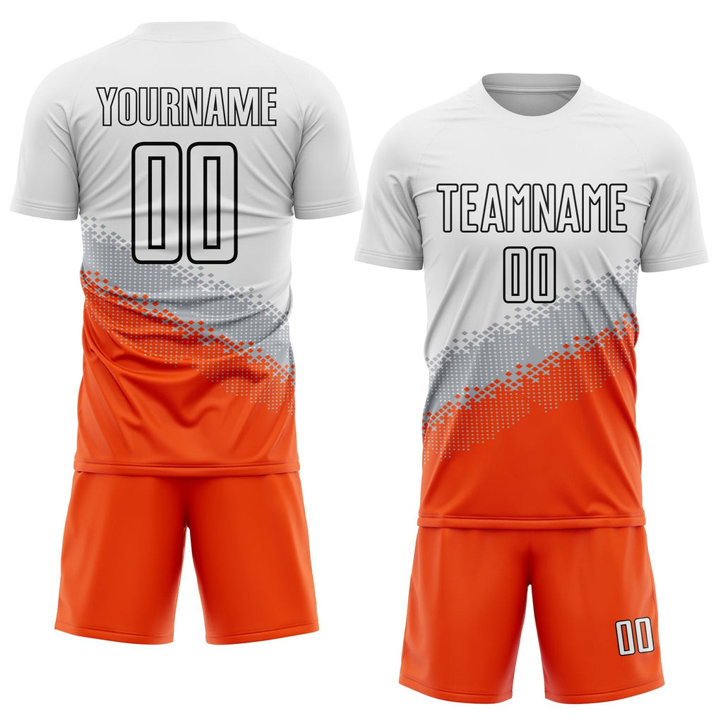 Custom White Gray Orange-Black Gradient Geometric Shape Sublimation Soccer Uniform Jersey photo 2