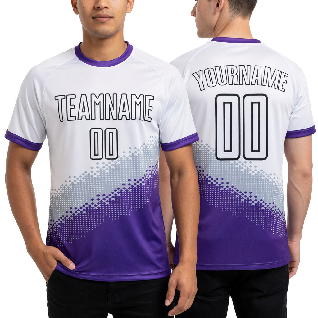 Custom White Gray Purple-Black Gradient Geometric Shape Sublimation Soccer Uniform Jersey worn front and back