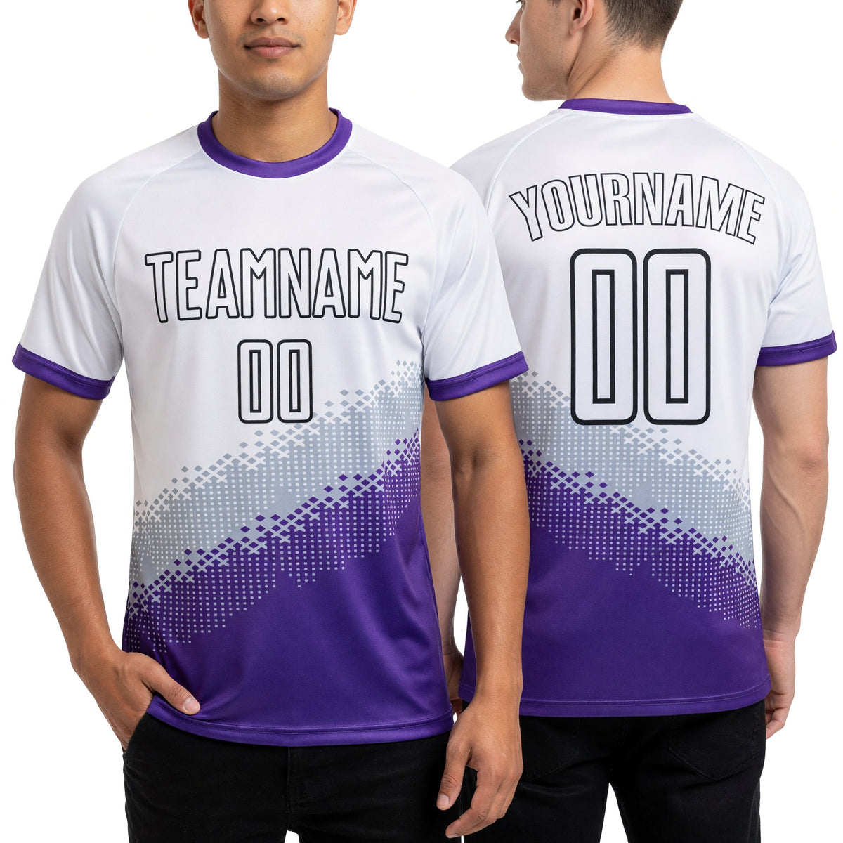 Custom White Gray Purple-Black Gradient Geometric Shape Sublimation Soccer Uniform Jersey worn front and back