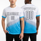 Custom White Gray Sky Blue-Black Gradient Geometric Shape Sublimation Soccer Uniform Jersey worn front and back