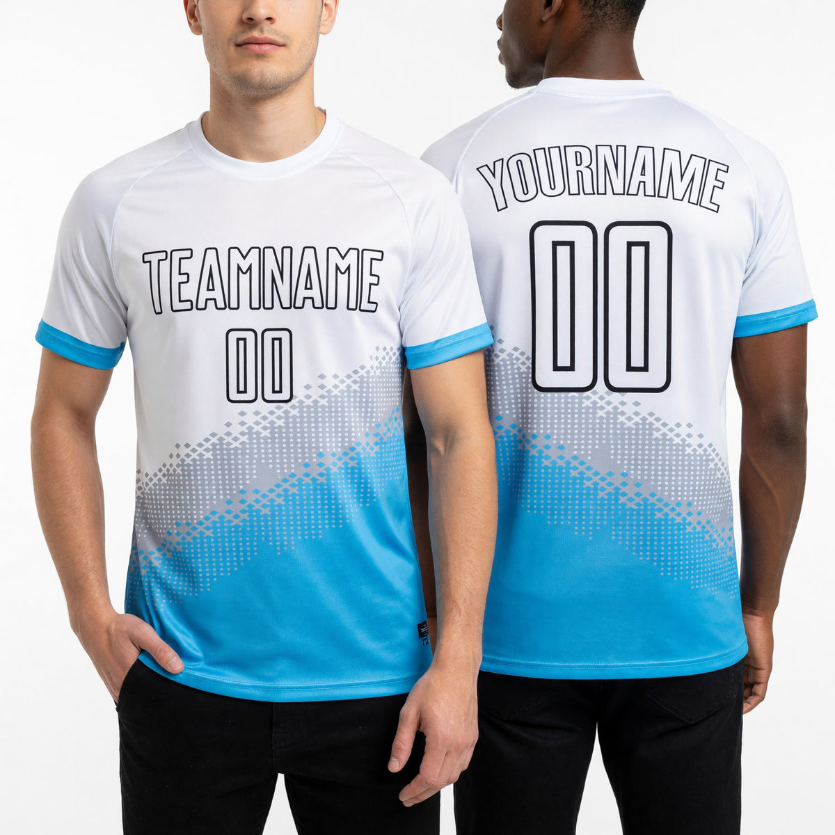 Custom White Gray Sky Blue-Black Gradient Geometric Shape Sublimation Soccer Uniform Jersey worn front and back