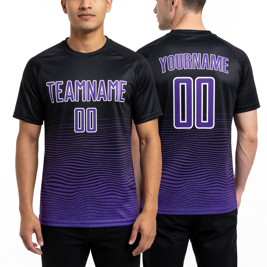 Custom Black Purple-White Gradient Line Sublimation Soccer Uniform Jersey worn front and back