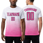 Custom White Pink-Black Gradient Line Sublimation Soccer Uniform Jersey worn front and back