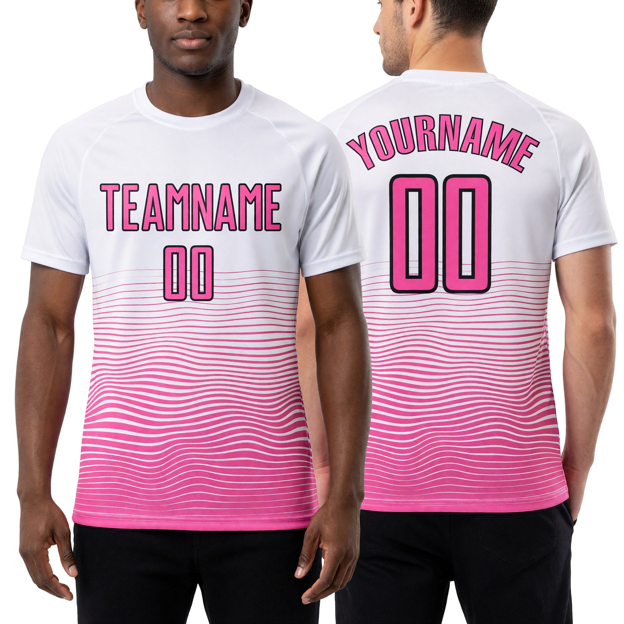 Custom White Pink-Black Gradient Line Sublimation Soccer Uniform Jersey worn front and back