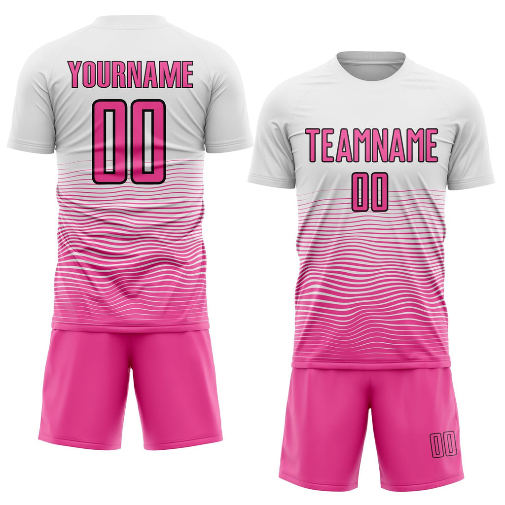 Custom White Pink-Black Gradient Line Sublimation Soccer Uniform Jersey photo 2