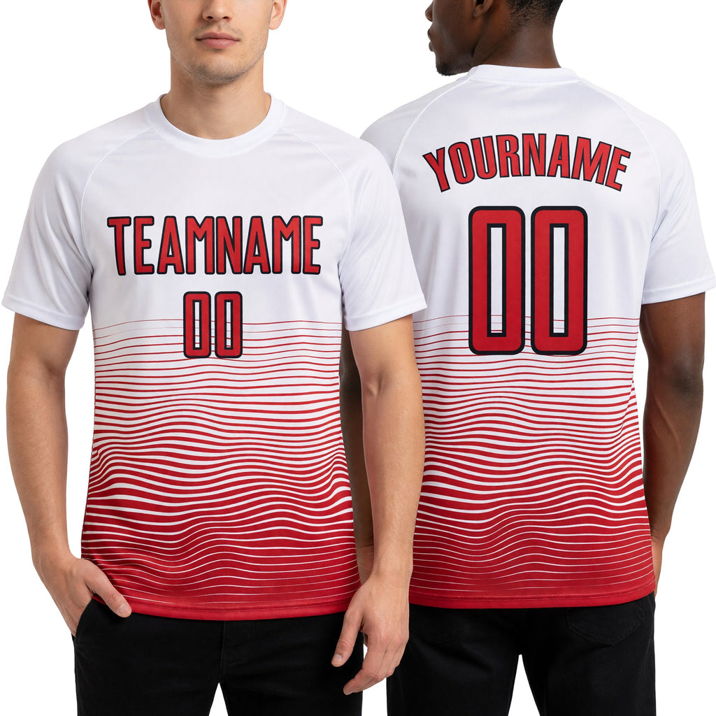 Custom White Red-Black Gradient Line Sublimation Soccer Uniform Jersey worn front and back