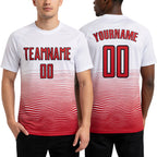 Custom White Red-Black Gradient Line Sublimation Soccer Uniform Jersey worn front and back