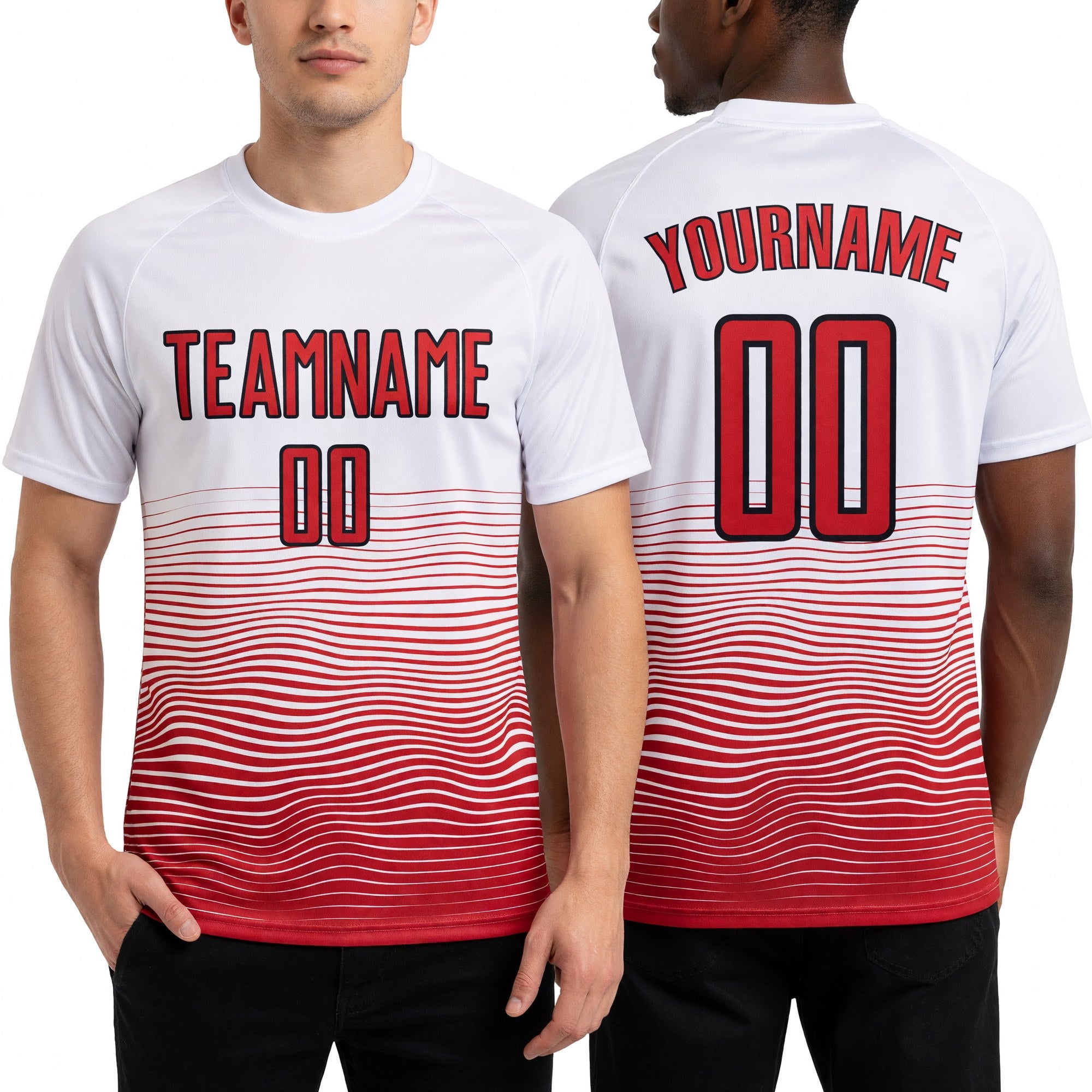 Custom White Red-Black Gradient Line Sublimation Soccer Uniform Jersey worn front and back