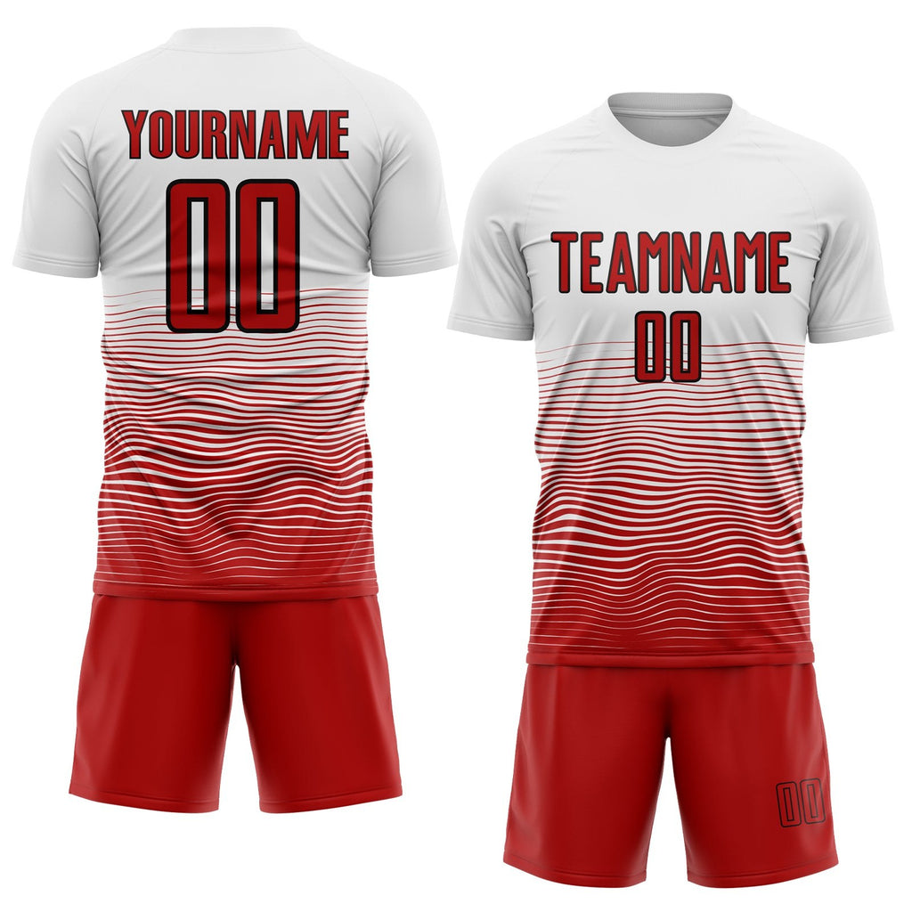 Custom White Red-Black Gradient Line Sublimation Soccer Uniform Jersey photo 2