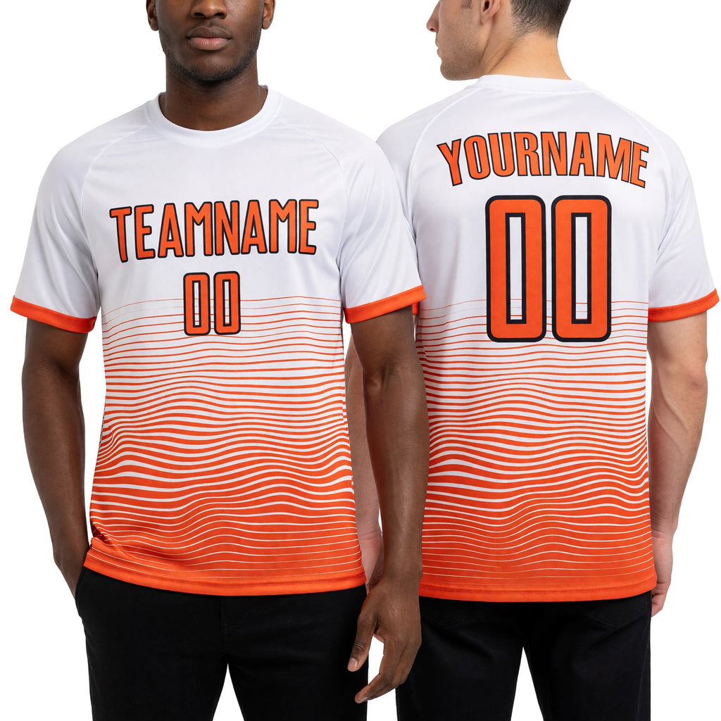 Custom White Orange-Black Gradient Line Sublimation Soccer Uniform Jersey worn front and back