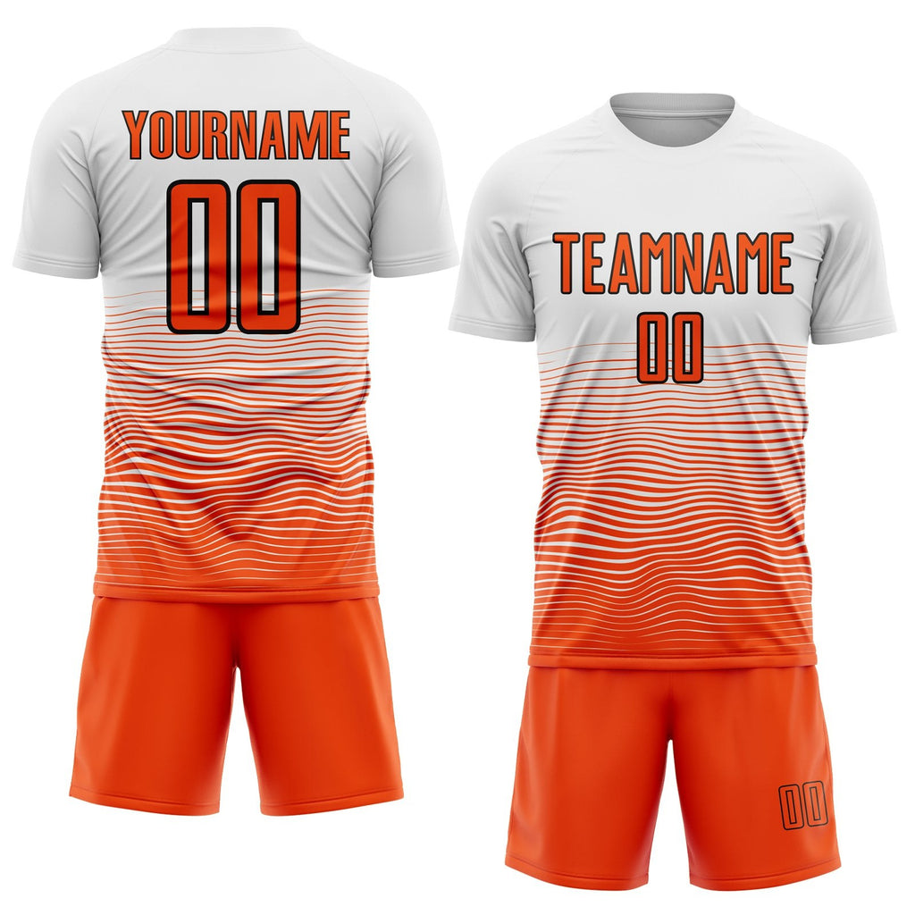 Custom White Orange-Black Gradient Line Sublimation Soccer Uniform Jersey photo 2