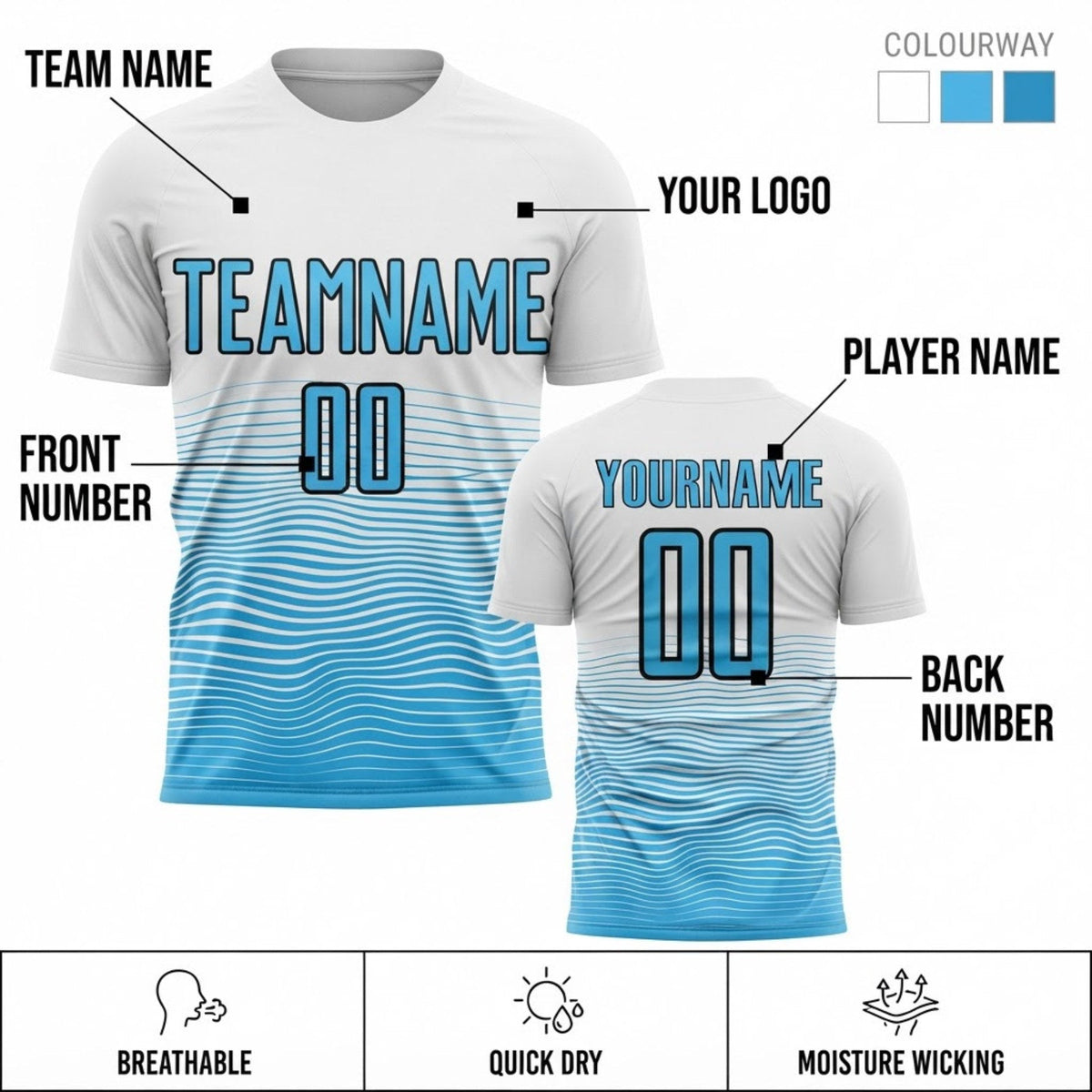 Custom White Gradient Line Sublimated Soccer Jersey with Sky Blue and Black Lettering customization guide