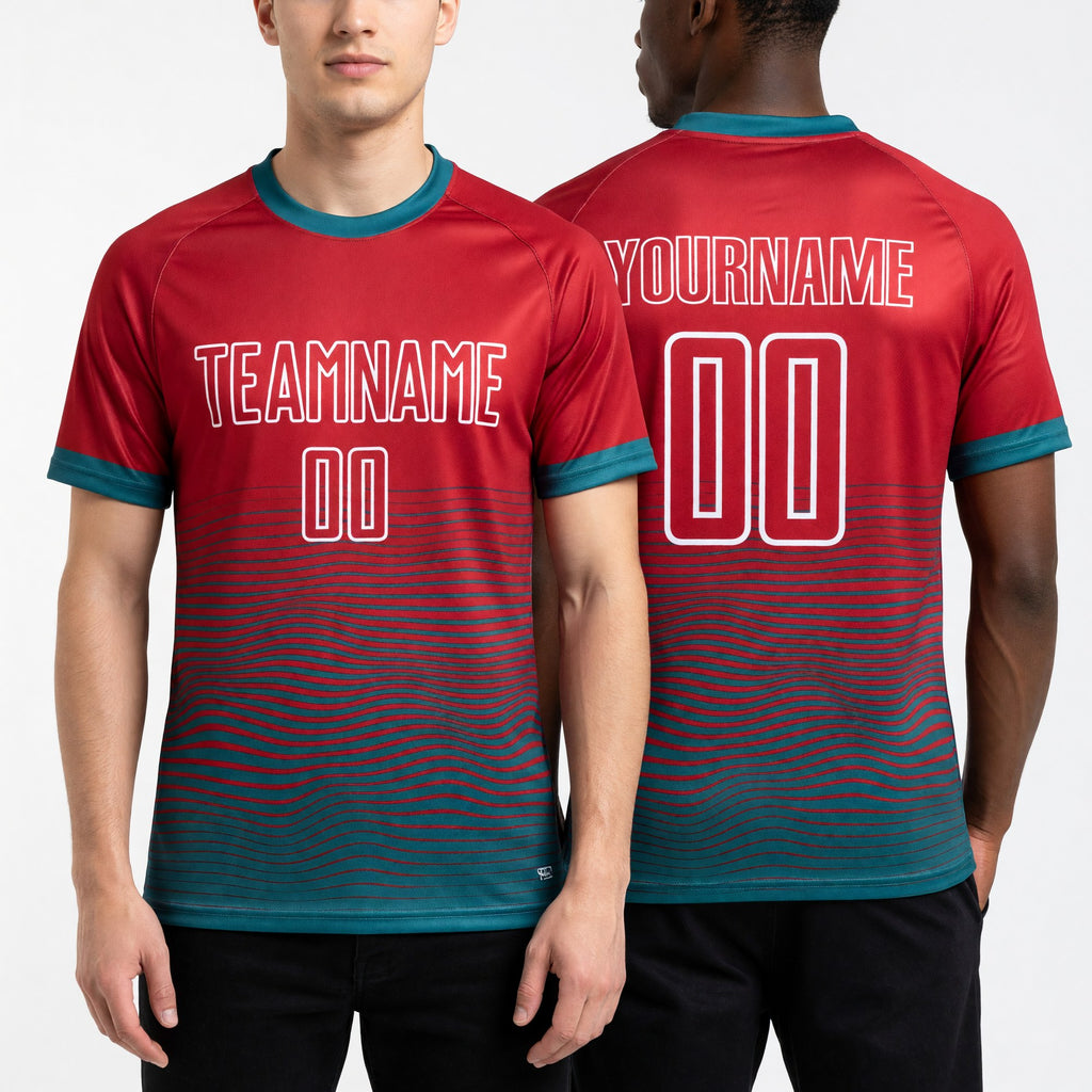 Custom Red Teal-White Gradient Line Sublimation Soccer Uniform Jersey worn front and back