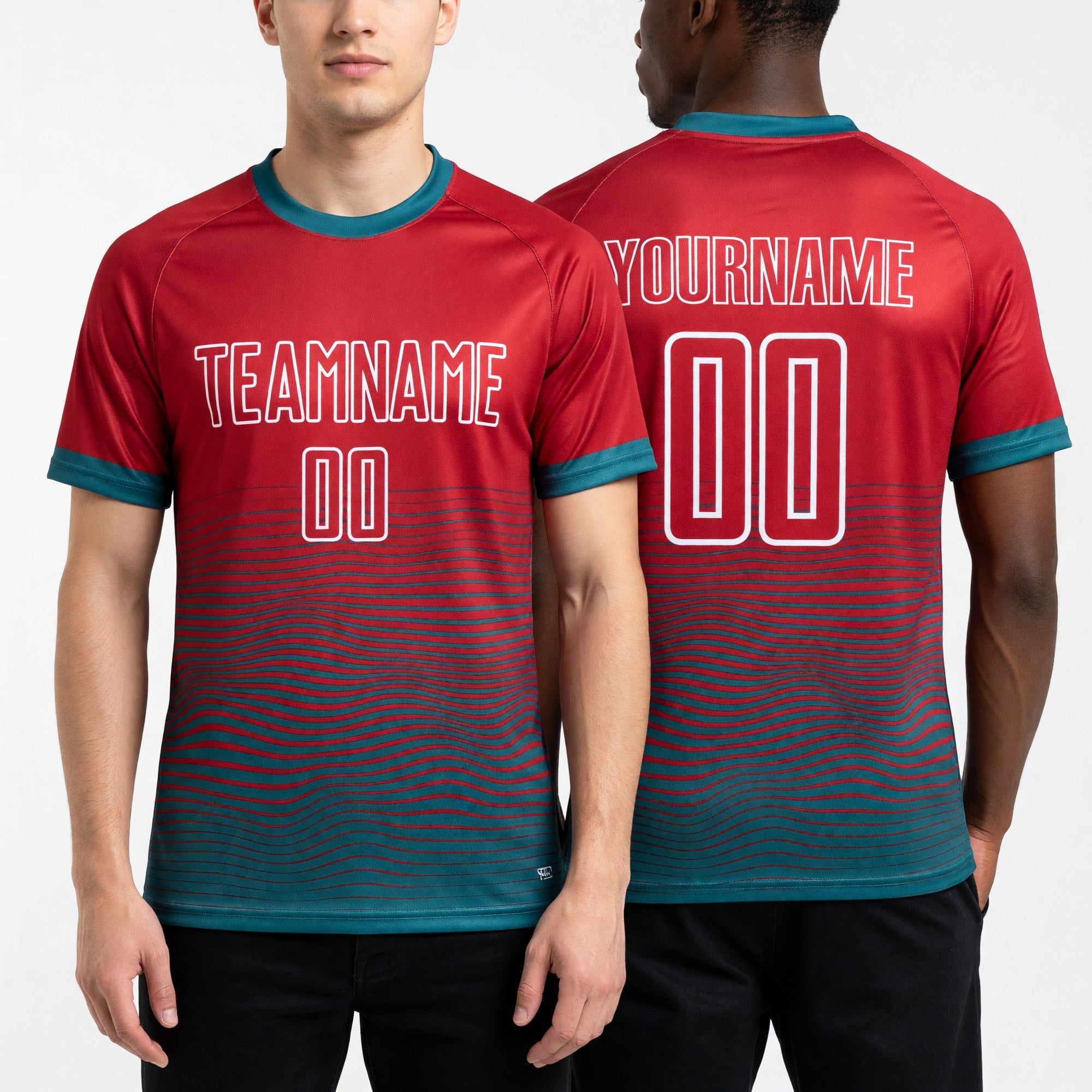 Custom Red Teal-White Gradient Line Sublimation Soccer Uniform Jersey worn front and back