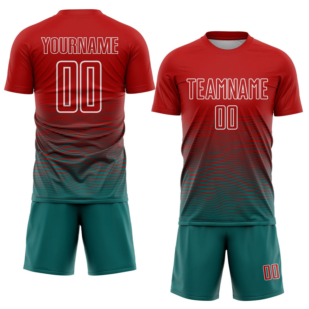 Custom Red Teal-White Gradient Line Sublimation Soccer Uniform Jersey photo 2
