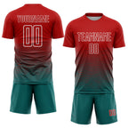 Custom Red Teal-White Gradient Line Sublimation Soccer Uniform Jersey photo 2