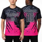 Custom Black Pink-White Gradient Scratch Splash Sublimation Soccer Uniform Jersey worn front and back