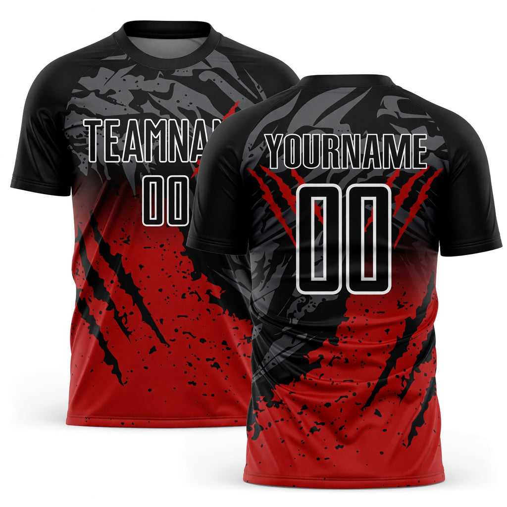 Custom Black Red-White Gradient Scratch Splash Sublimation Soccer Uniform Jersey