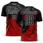 Custom Black Red-White Gradient Scratch Splash Sublimation Soccer Uniform Jersey
